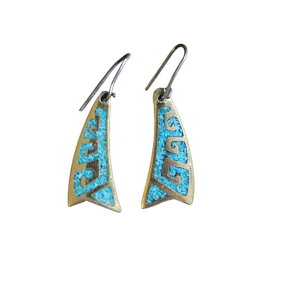Vintage Brass Turquoise Chip Inlay Geometric Drop Earrings Southwestern Boho